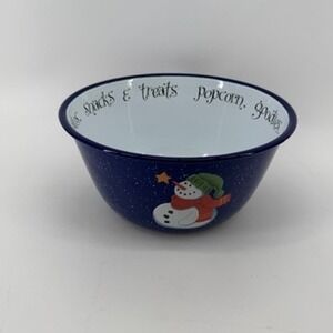 Gooseberry Patch Vintage 2000 Snowman Enamel Popcorn Snack Bowl Cobalt Blue 10"